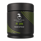 Zen ceremonial matcha tin front view on a clean white background, sweet and floral Japanese matcha