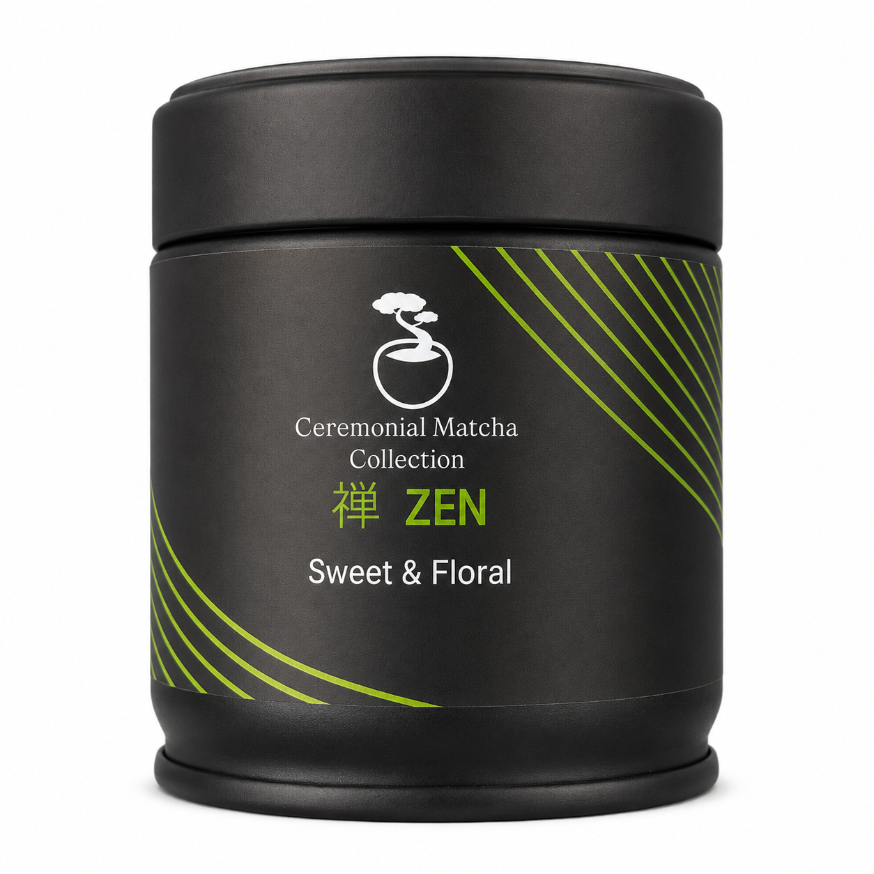Zen ceremonial matcha tin front view on a clean white background, sweet and floral Japanese matcha
